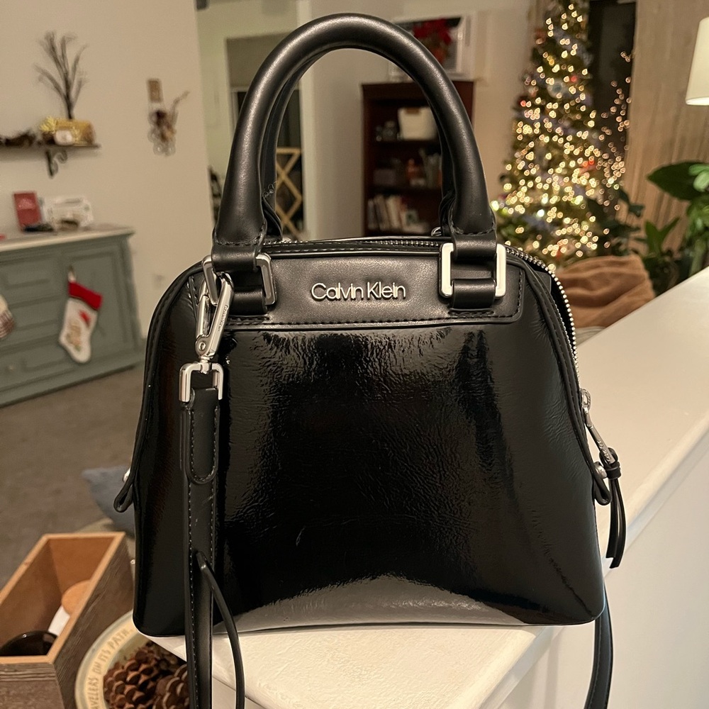 Calvin Klein patent black mini satchel Astatine